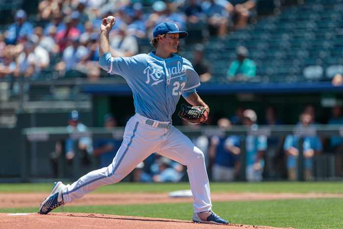 Jun 29, 2022; Kansas City, Missouri, USA; Kansas City Royals starting pitcher Zack Greinke (23) throws a pitch against the Texas Rangers during the first inning at Kauffman Stadium. Mandatory Credit: William Purnell-USA TODAY Sports